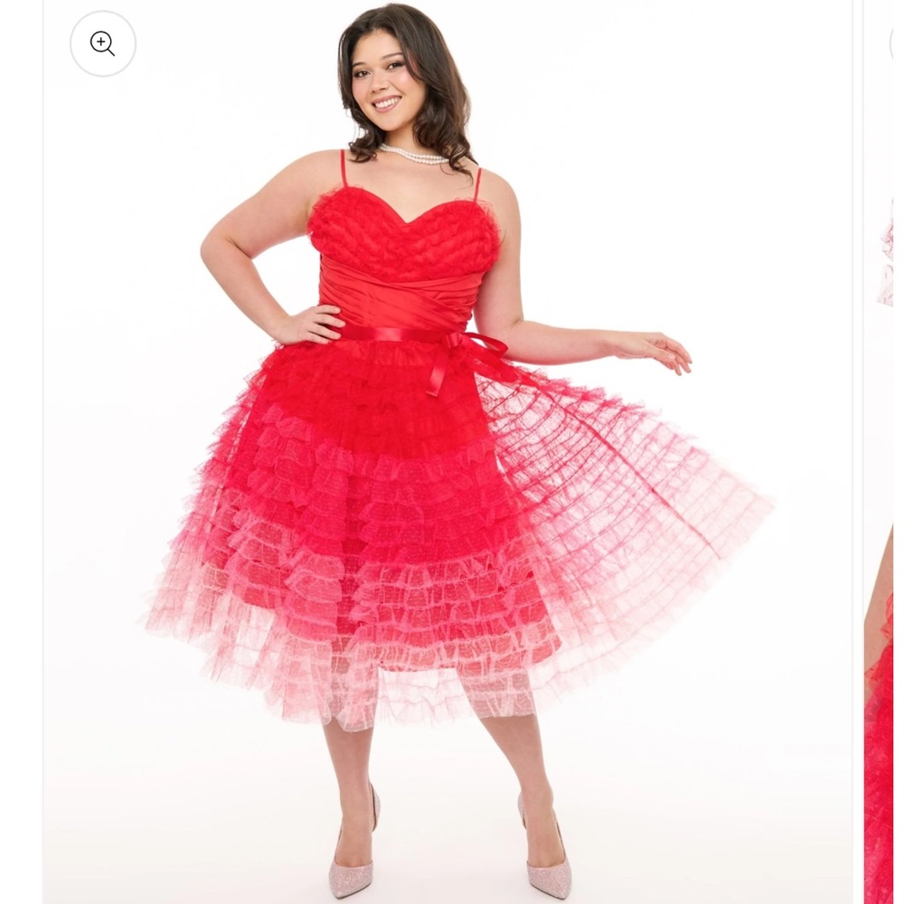 Unique Vintage Plus Size 1950s Red & Pink Ombre Tulle Cupcake Swing Dress 5x 26